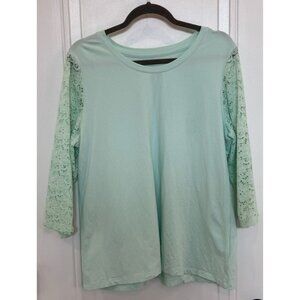 Denim & Co. Mint Green Top w/ Lace 3/4 Length Sleeves Large Casual GUC